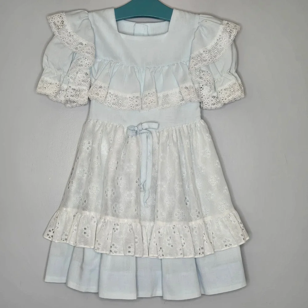 Vtg Martha's Miniatures Girls 5 Blue Lace Apron Dress Circle Skirt Twirl Prairie